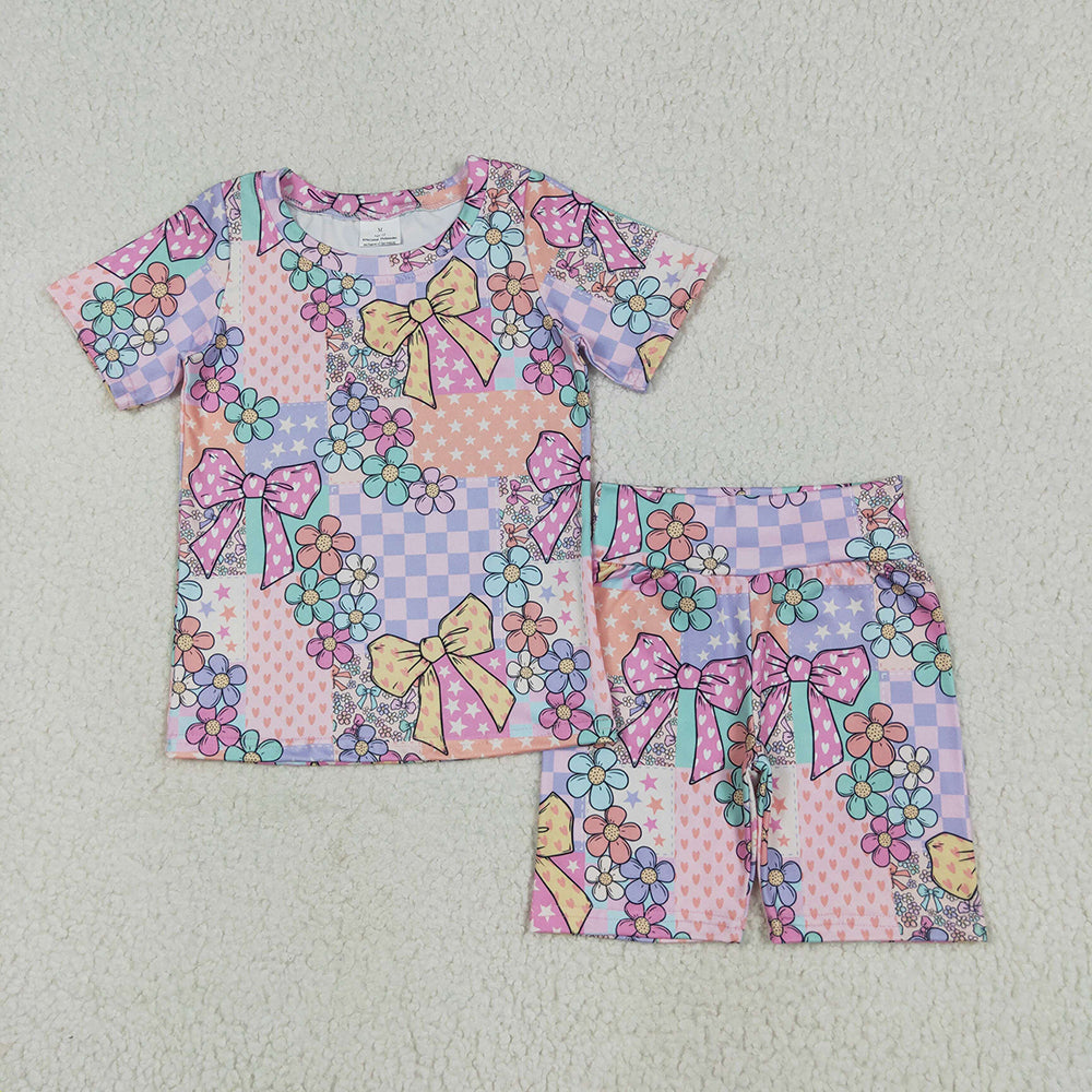 Baby Girls Pink Flowers Plaid Top Short Biking Sets