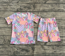 Load image into Gallery viewer, Baby Girls Pink Flowers Plaid Top Short Biking Sets
