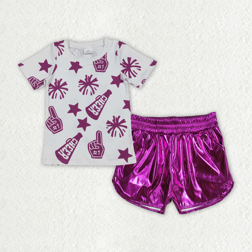 Baby Girls Cheer Hot Pink Team Tops Leather Shorts Clothes Sets