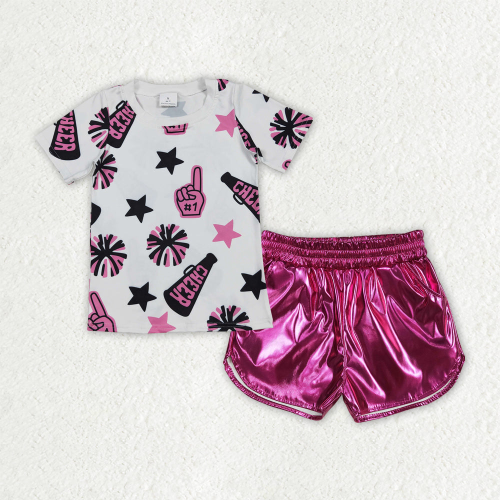 Baby Girls Cheer Black Pink Team Tops Leather Shorts Clothes Sets