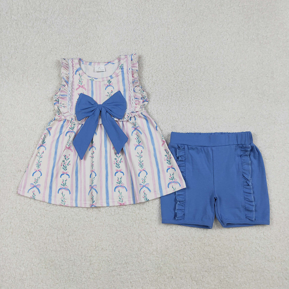 Baby Girls Sleeveless Floral Stripe Tunic Ruffle Shorts Sets