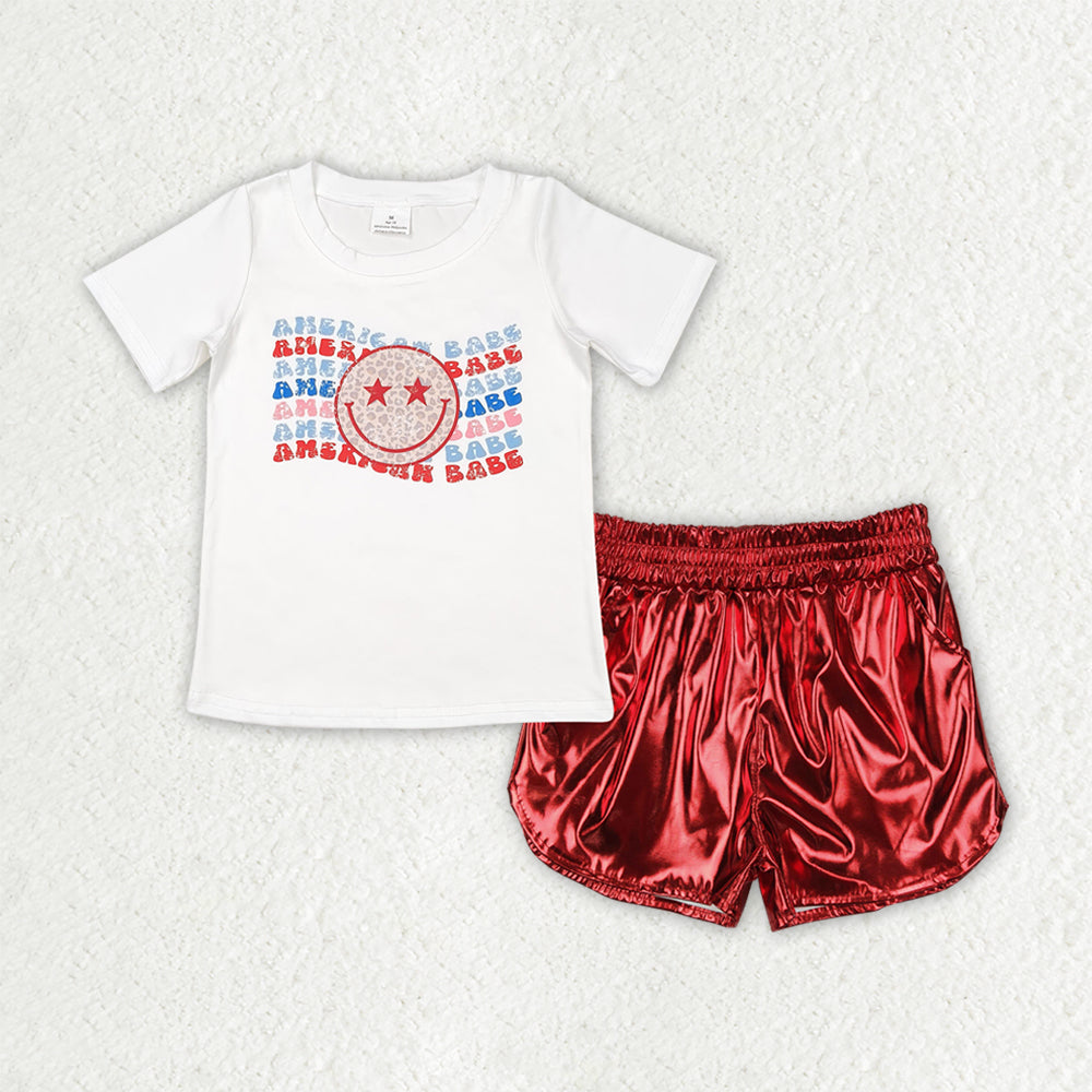 Baby Girls American Babe Smile Tops Red Leather Shorts Clothes Sets