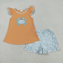 Load image into Gallery viewer, Sibling Embroidery Baby Girls Orange Crab Rompers Outfits Sets
