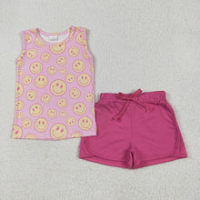Load image into Gallery viewer, Baby Girls Pink Sleeveless Smiles Top Pockets Short Sets
