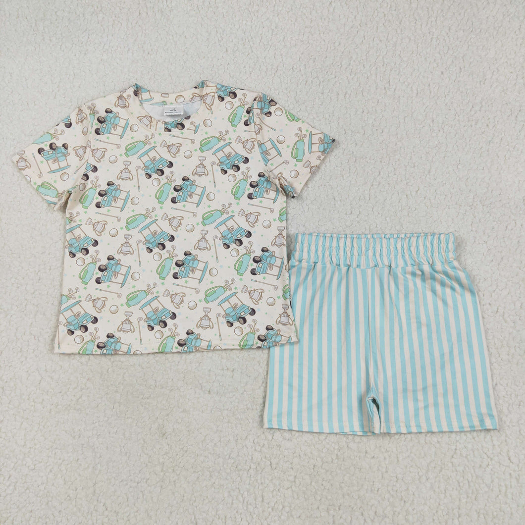 Sibling Baby Girls Short Sleeves Golf Top Blue Stripes Shorts Sets Tee Shirts Rompers