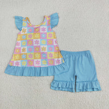 Load image into Gallery viewer, Sibling Baby Girls Blue Flutter Sleeves Flowers Plaid Tunic Ruffle Shorts Sets Rompers
