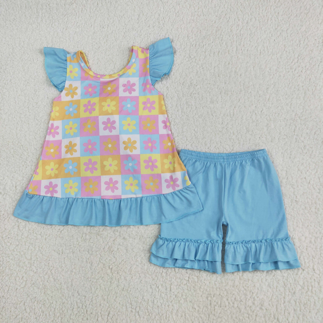 Sibling Baby Girls Blue Flutter Sleeves Flowers Plaid Tunic Ruffle Shorts Sets Rompers
