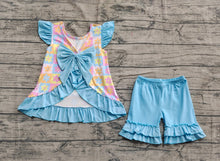 Load image into Gallery viewer, Baby Girls Blue Flutter Sleeves Flowers Plaid Tunic Ruffle Shorts Sets
