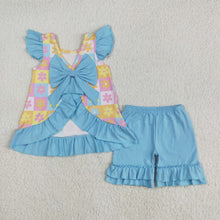 Load image into Gallery viewer, Sibling Baby Girls Blue Flutter Sleeves Flowers Plaid Tunic Ruffle Shorts Sets Rompers
