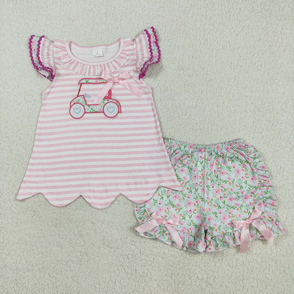 Embroidery Baby Girls Flutter Sleeves Floral Golf Truck Tunic Ruffle Shorts Sets
