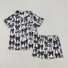 Load image into Gallery viewer, Mommy and Me Baby Girls Black Bows Button Pocket Top Short Pajamas Sets
