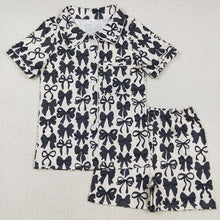 Load image into Gallery viewer, Mommy and Me Baby Girls Black Bows Button Pocket Top Short Pajamas Sets
