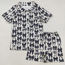 Load image into Gallery viewer, Sibling Mama and Me Black Bows Button Shirts Pajamas Sets Zipper Rompers Jumpsuits
