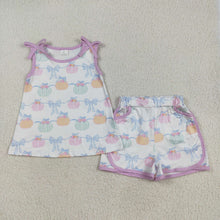 Load image into Gallery viewer, Baby Girls Bows Sleeveless Pumpkins Stripe Tunic Pockets Short Sets
