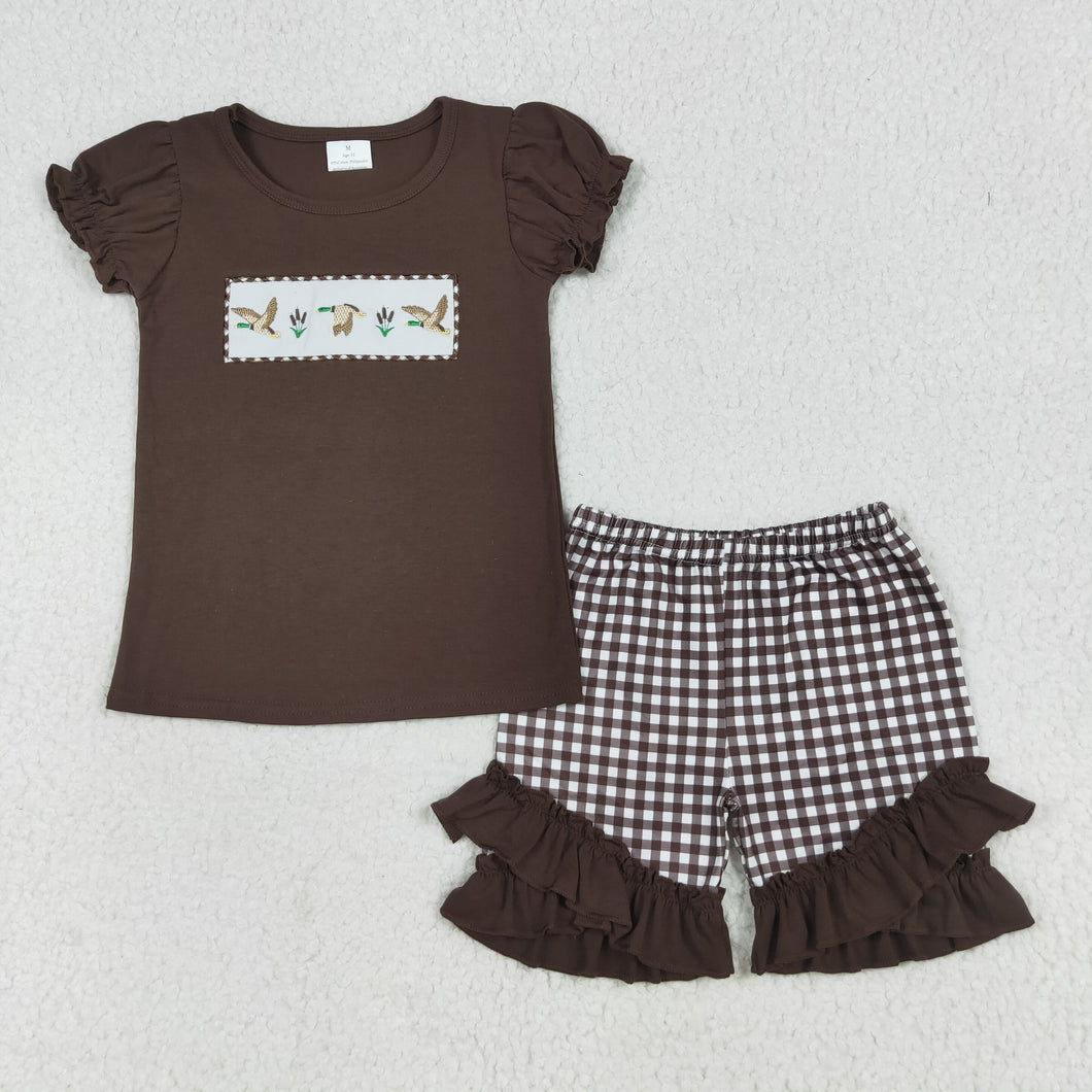 Embroidery Baby Girls Brown Short Ruffle Sleeves Ducks Top Short Sets
