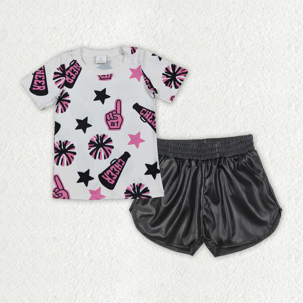 Baby Girls Cheer Pink Team Tops Black Leather Shorts Clothes Sets