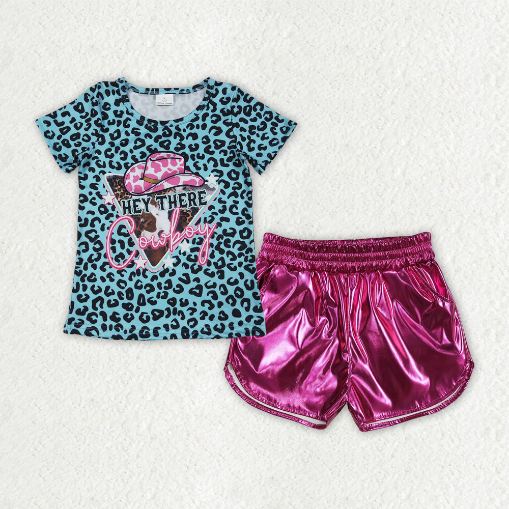 Baby Girls Blue Leopard Cowboy Tops Hot Pink Leather Shorts Clothes Sets