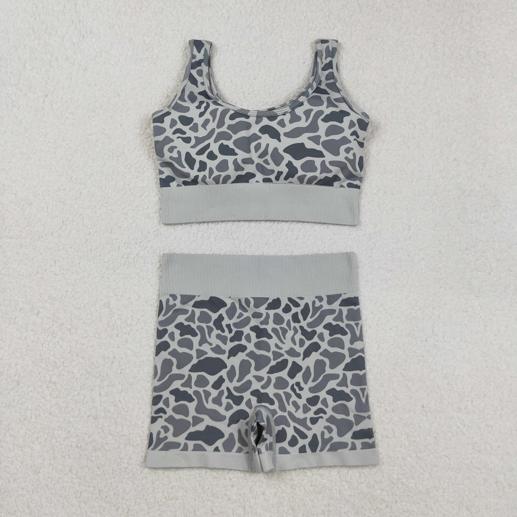 Sibling Adult Women Checkered Camo Crop Bra Top Shorts Yoga Outfits Sets