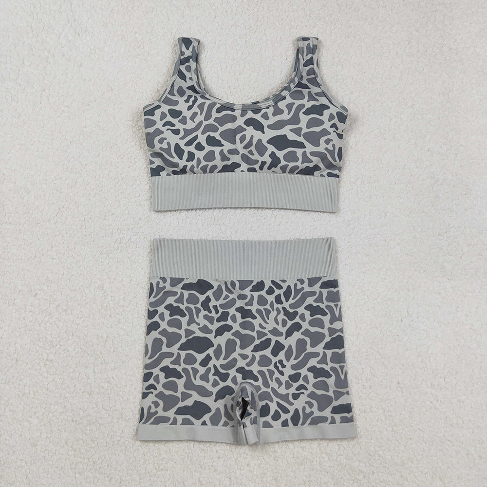 Adult Women Sleeveless Light Green Camo Vests Top Short Sets
