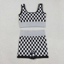 Load image into Gallery viewer, Adult Women Sleeveless Black Plaid Vests Top Short Sets
