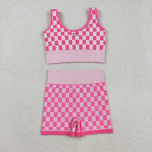 Load image into Gallery viewer, Adult Women Pink Checkered Crop Bra Top Shorts Yoga Outfits Sets
