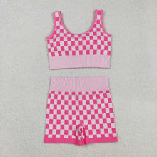 Load image into Gallery viewer, Sibling Adult Women Checkered Camo Crop Bra Top Shorts Yoga Outfits Sets
