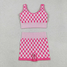 Load image into Gallery viewer, Adult Women Pink Checkered Crop Bra Top Shorts Yoga Outfits Sets
