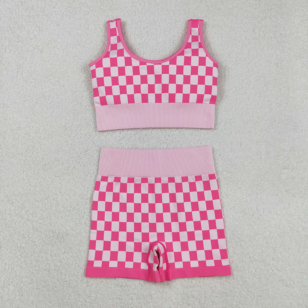 Adult Women Pink Checkered Crop Bra Top Shorts Yoga Outfits Sets
