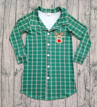Load image into Gallery viewer, Embroidery Deer Adult Women Green Checked Christmas Tops Sleep Wears
