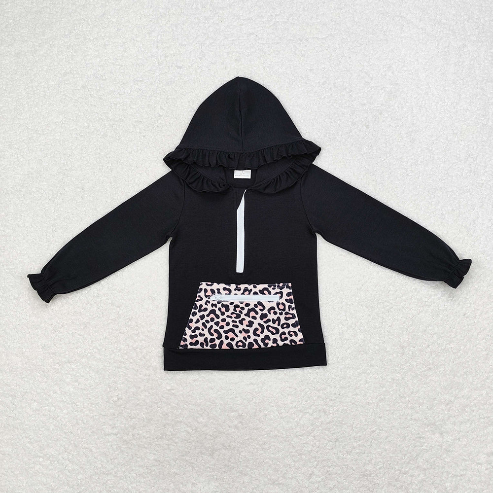 Baby Girls Black Ruffle Hooded Leopard Pocket Long Sleeve Tops