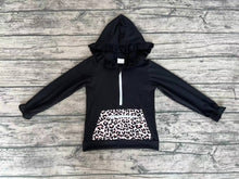 Load image into Gallery viewer, Baby Girls Black Ruffle Hooded Leopard Pocket Long Sleeve Tops
