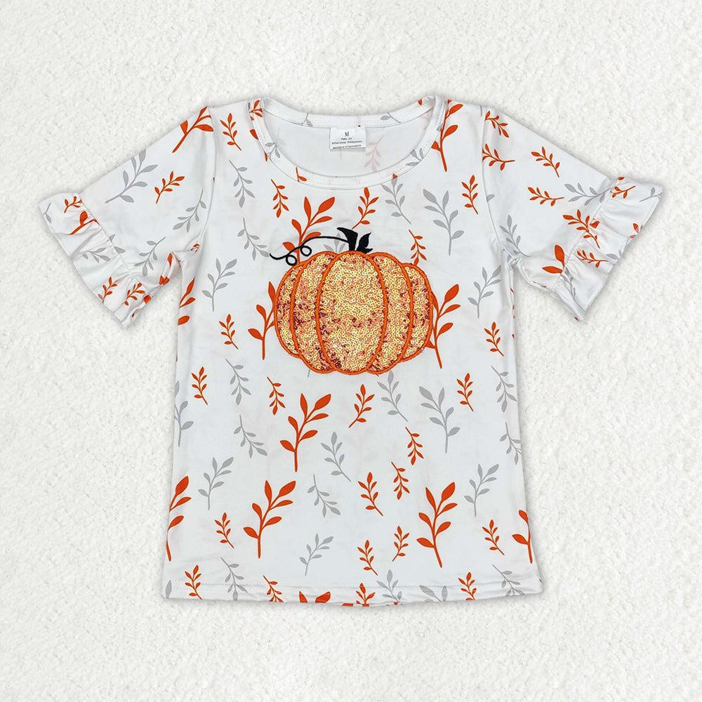 Baby Girls Fall Pumpkin Embroidery Short Sleeve Tee Shirts Tops