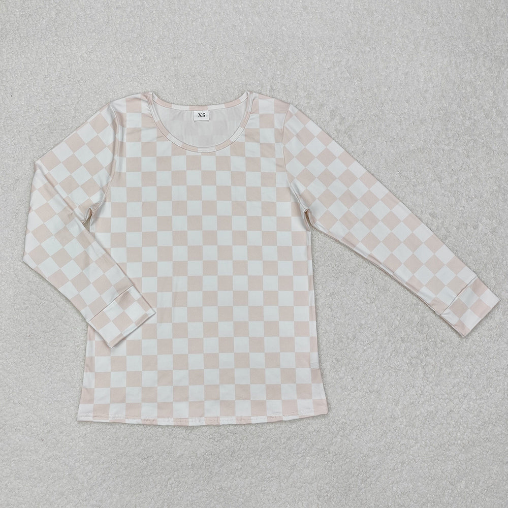 Adult Women Pink Checkered Long Sleeve Shirts Tops