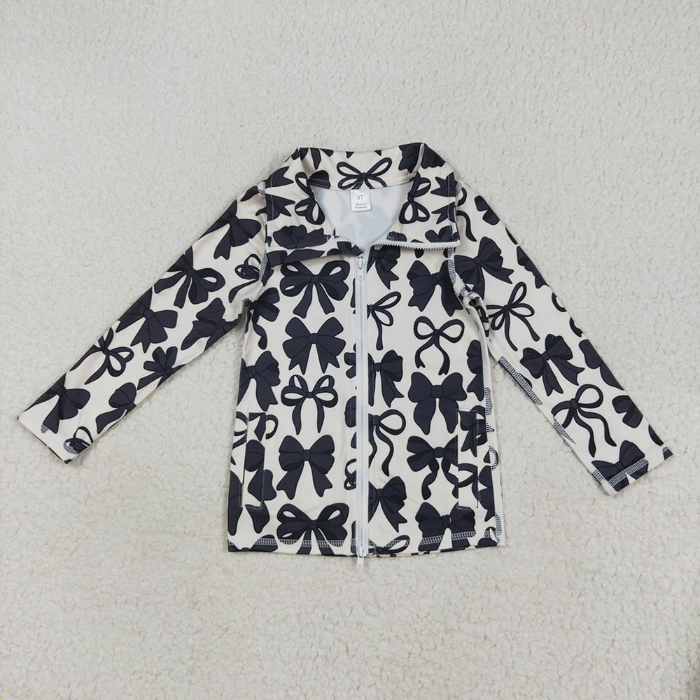 Baby Girls Long Sleeves Black Bows Zipper Pockets Yoga Jacket Tops