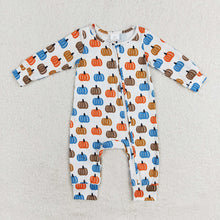 Load image into Gallery viewer, Baby Boys Blue Orange Pumpkin Long Sleeve Zip Rompers
