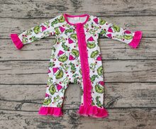 Load image into Gallery viewer, Baby Infant Girls Pink Christmas Green Face Hearts Bamboo Ruffles Rompers
