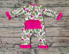 Load image into Gallery viewer, Baby Infant Girls Pink Christmas Green Face Hearts Bamboo Ruffles Rompers
