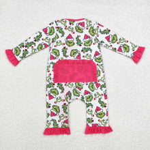 Load image into Gallery viewer, Baby Infant Girls Pink Christmas Green Face Hearts Bamboo Ruffles Rompers
