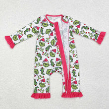 Load image into Gallery viewer, Baby Infant Girls Pink Christmas Green Face Hearts Bamboo Ruffles Rompers
