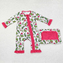 Load image into Gallery viewer, Baby Infant Girls Pink Christmas Green Face Hearts Bamboo Ruffles Rompers
