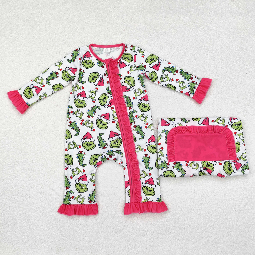 Baby Infant Girls Pink Christmas Green Face Hearts Bamboo Ruffles Rompers