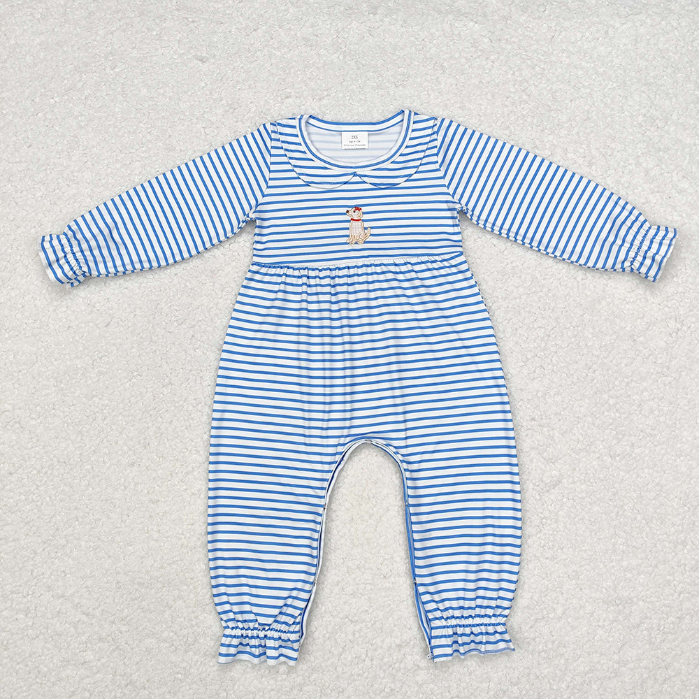 Baby Infant Girls Blue Stripes Dog Long Sleeve Rompers