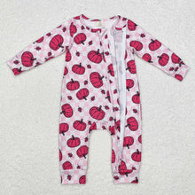 Load image into Gallery viewer, Baby Infant Girls Pink Checkered Pumpkins Fall Bamboo Zip Rompers
