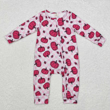 Load image into Gallery viewer, Baby Infant Girls Pink Checkered Pumpkins Fall Bamboo Zip Rompers
