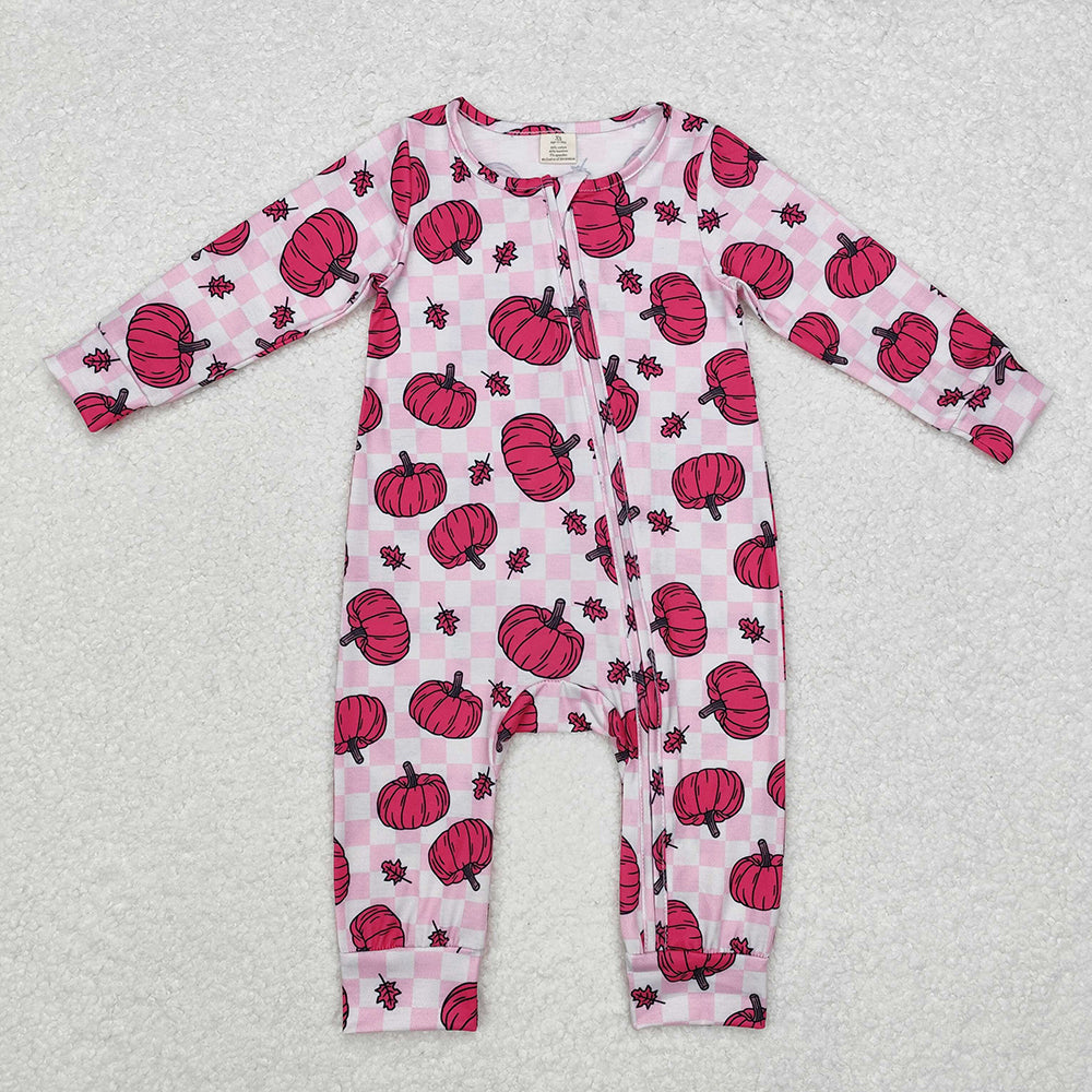 Baby Infant Girls Pink Checkered Pumpkins Fall Bamboo Zip Rompers