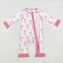 Load image into Gallery viewer, Baby Infant Girls Pink Bows Ruffle Bamboo Zip Rompers
