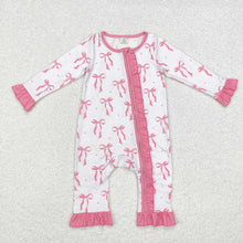 Load image into Gallery viewer, Baby Infant Girls Pink Bows Ruffle Bamboo Zip Rompers
