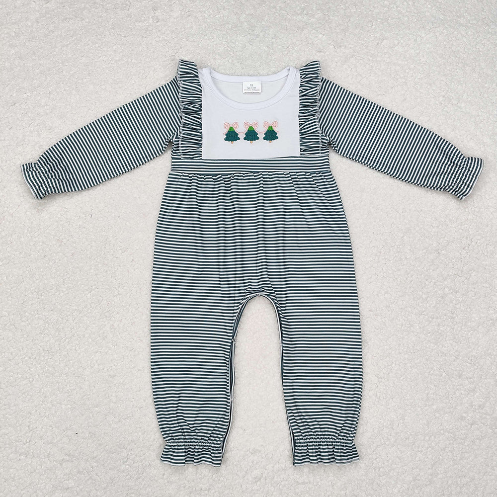 Baby Infant Girls Christmas Green Stripes Trees Rompers