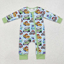 Load image into Gallery viewer, Sibling Girls Baby Infant Boys Green Cars Bamboo Zip Rompers
