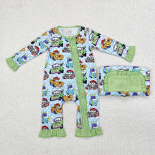 Load image into Gallery viewer, Sibling Girls Baby Infant Boys Green Cars Bamboo Zip Rompers
